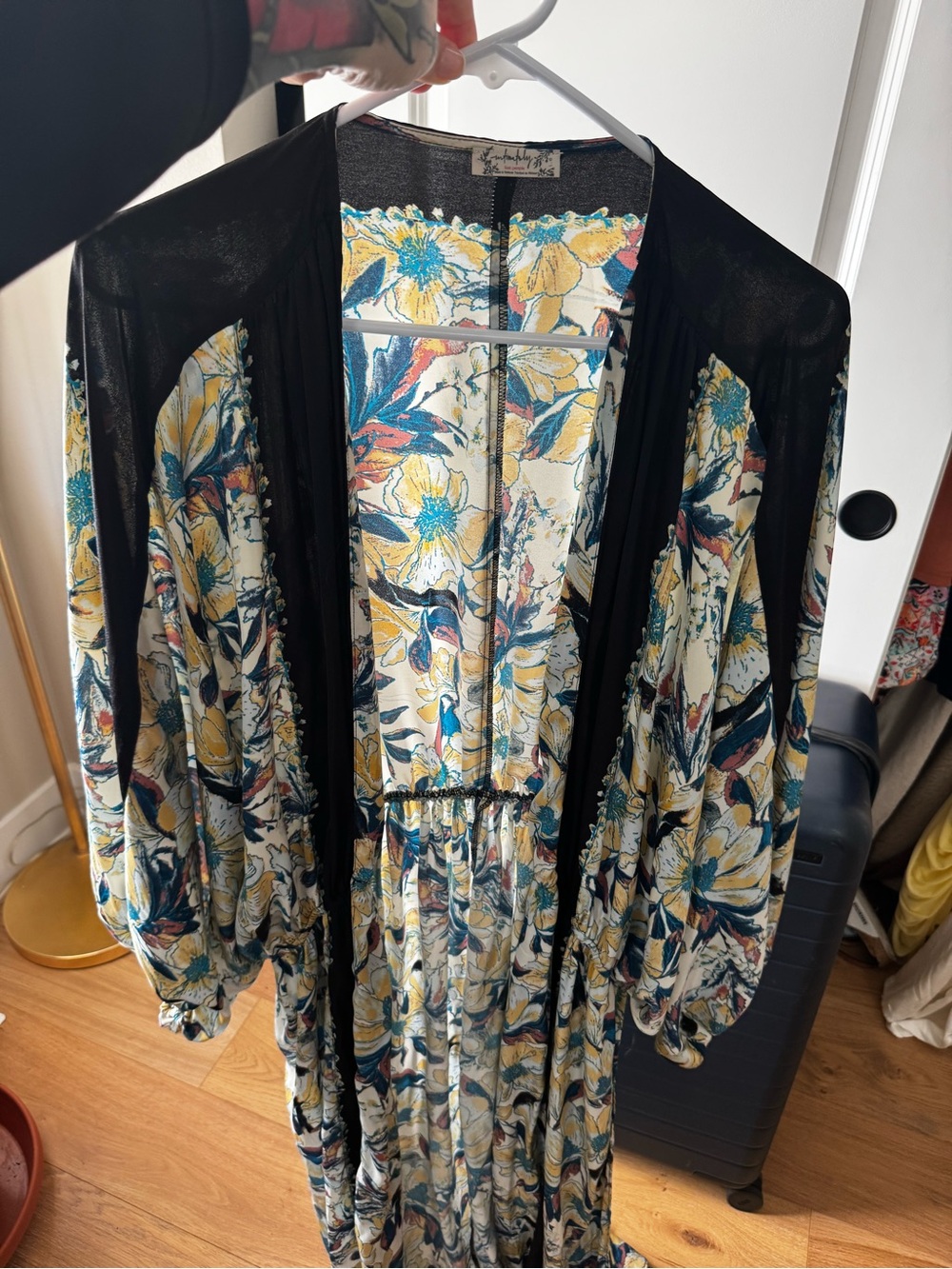 Free People Cream Floral Kimono with Teal and Yellow Print